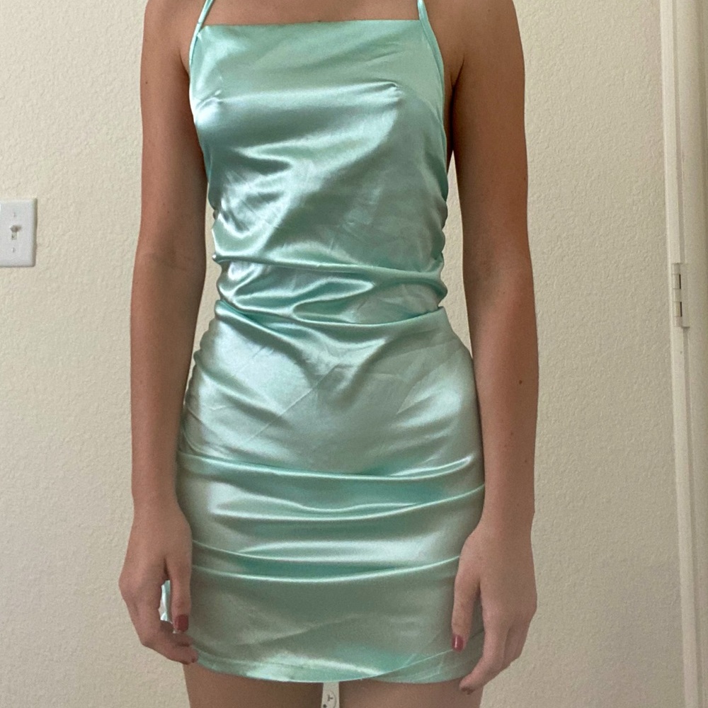 light blue bodycon silver mini dress
